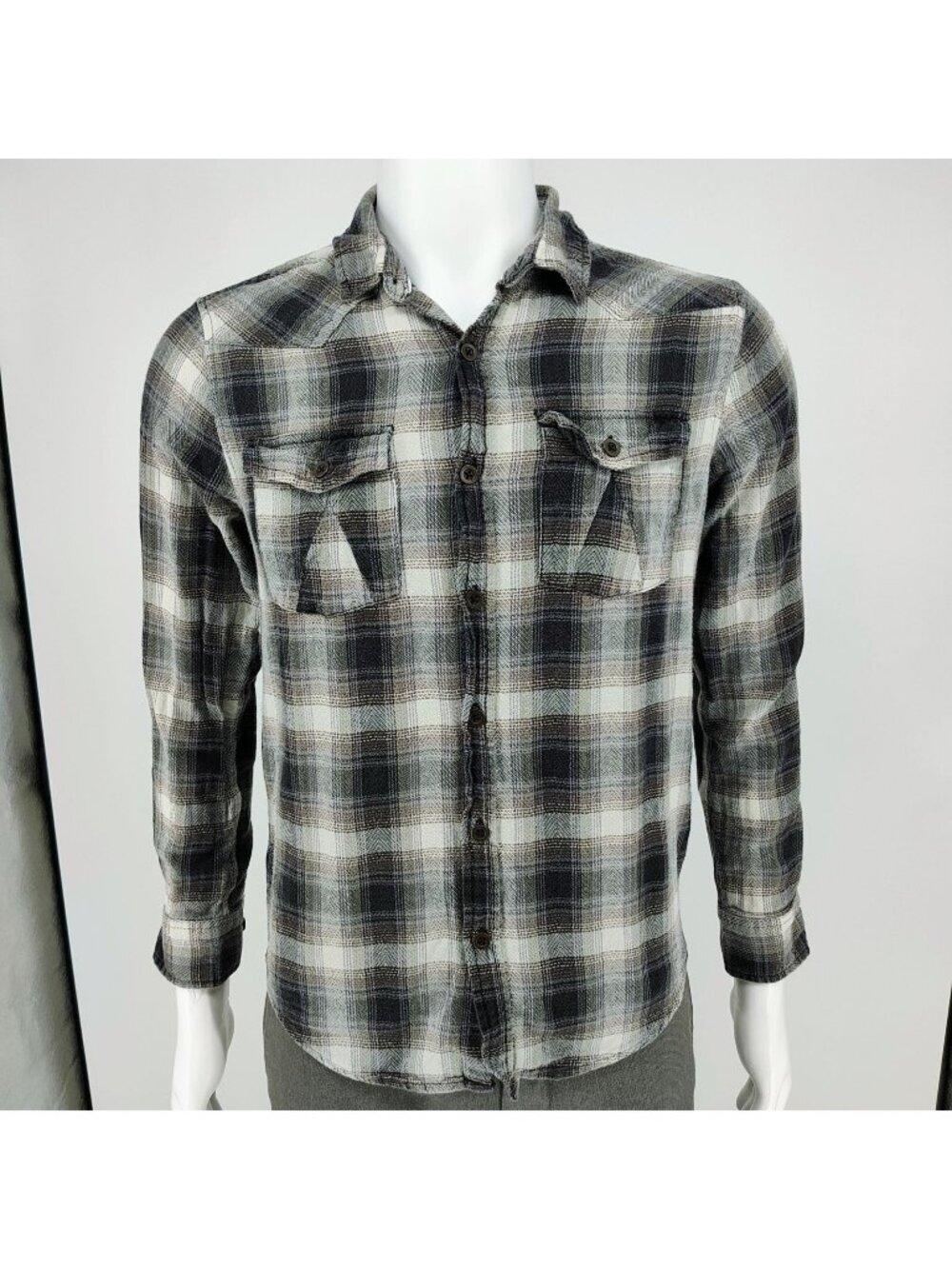RF Brand Mens Plaid Button-Up Flannel Shirt Long Sleeve Cotton Black/White Size